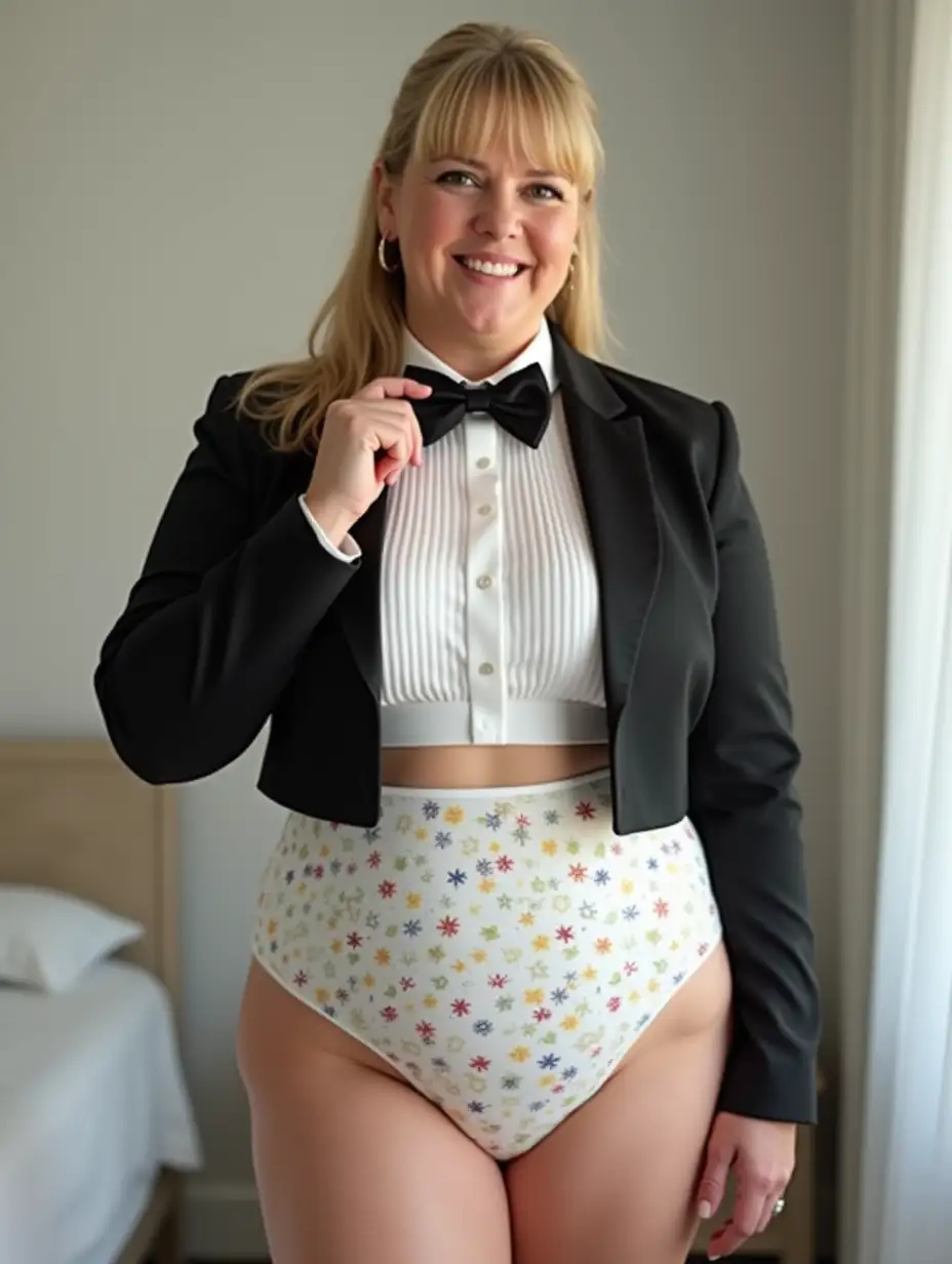 Plump-Caucasian-Woman-in-Formal-Orchestra-Tuxedo-Adjusting-Bow-Tie-in-White-Bedroom