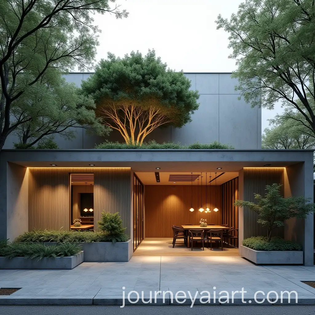 Minimalist-Iranian-Restaurant-Entrance-on-TreeLined-Street-with-High-Ceiling-and-Canopy-Tree-Roof