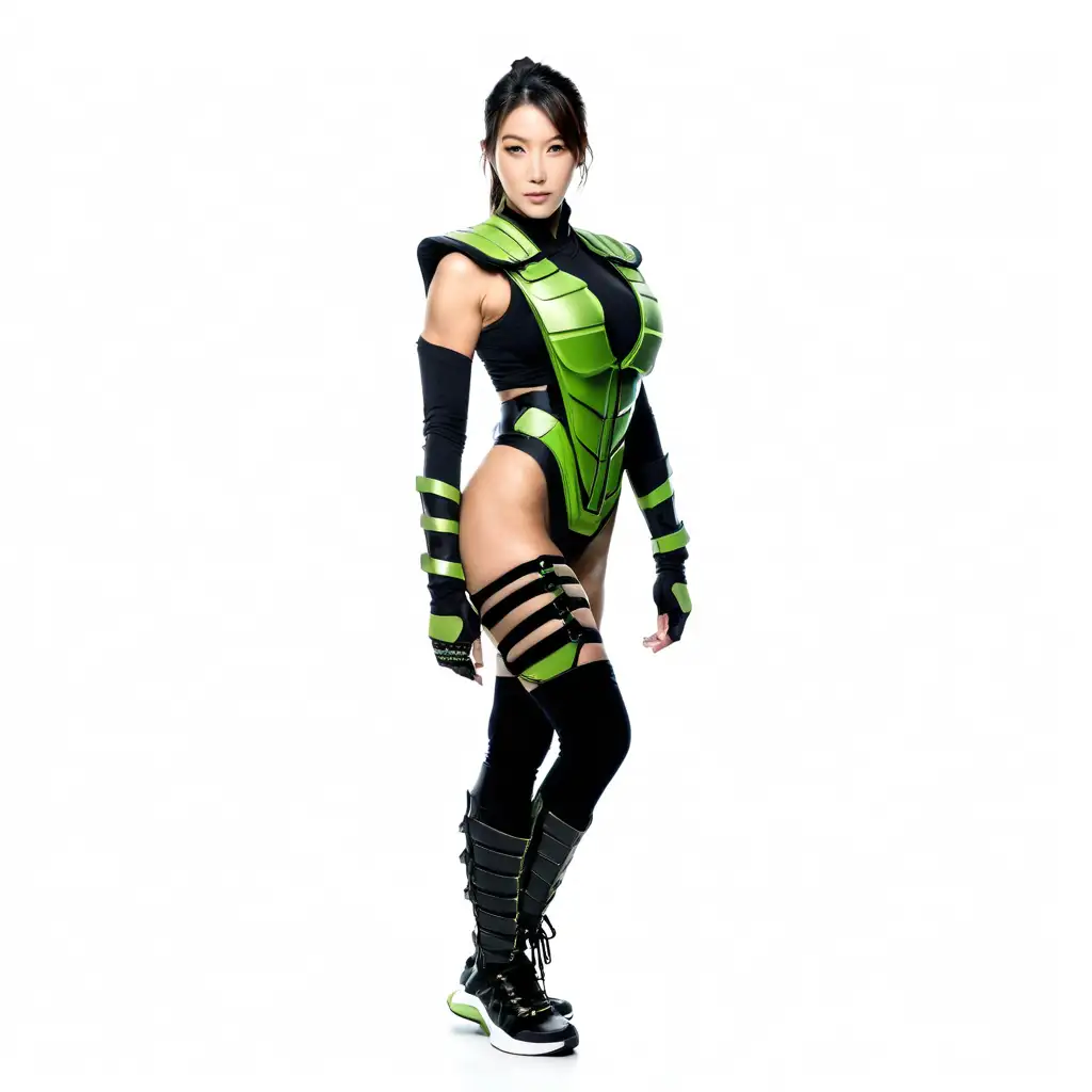 Tall Japanese Bodybuilder Supermodel in LightGreen Scorpion MK Ninja Armor