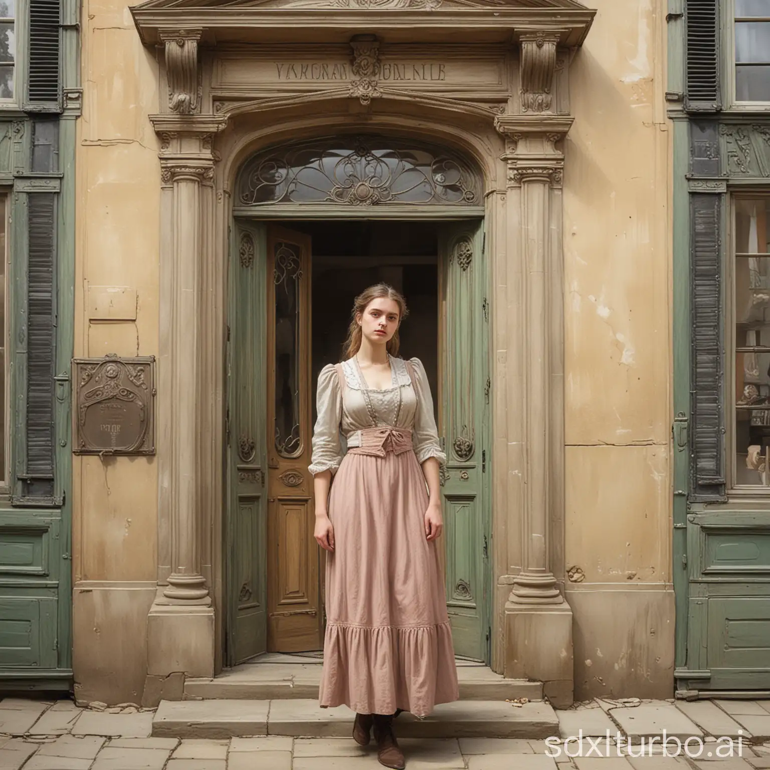 Victorian-Era-Young-Woman-in-Art-Nouveau-Style-Standing-in-Front-of-Building