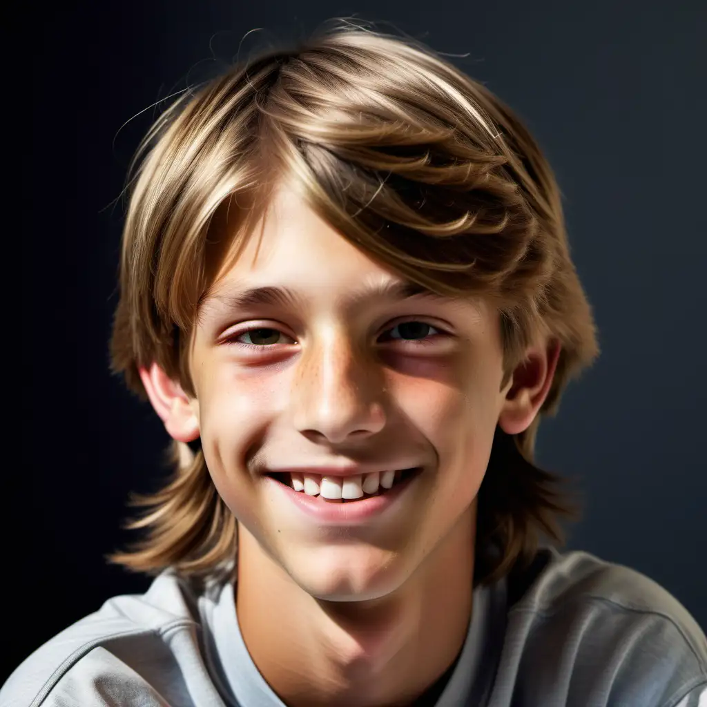 Hyper Realistic Portrait of a Happy FourteenYearOld Boy with ShoulderLength Blond Hair