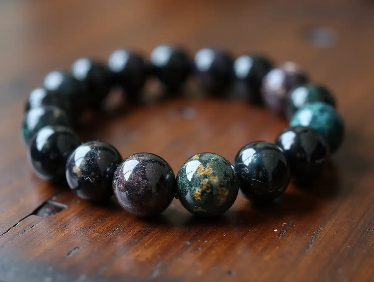 Customized rounded crystal bracelet designed by Chinese astrology, using black crystals with dark-themed colors, inspired by Sun Wukong legend, varied crystal colors, complete bracelet shown with no visible string, wooden desktop background, minimal distractions, slight depth of field to highlight crystals while preserving their color details.