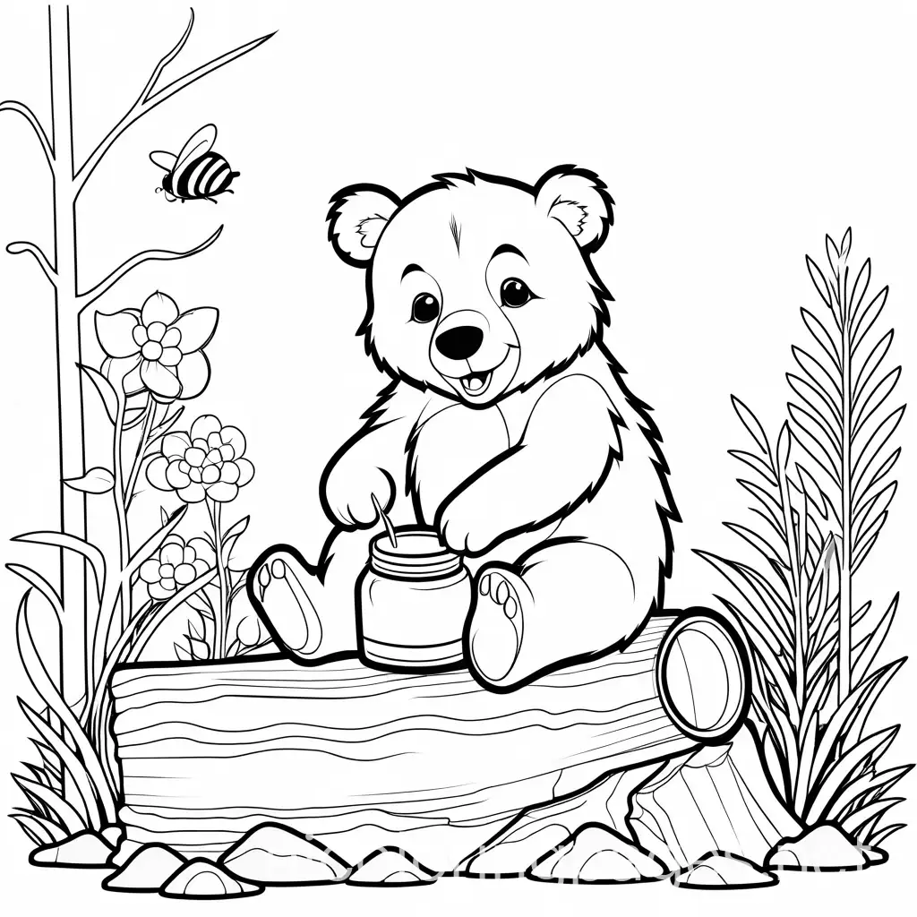 A friendly bear cub with a honey pot, sitting on a log., Coloring Page, black and white, line art, white background, Simplicity, Ample White Space. The background of the coloring page is plain white to make it easy for young children to color within the lines. The outlines of all the subjects are easy to distinguish, making it simple for kids to color without too much difficulty