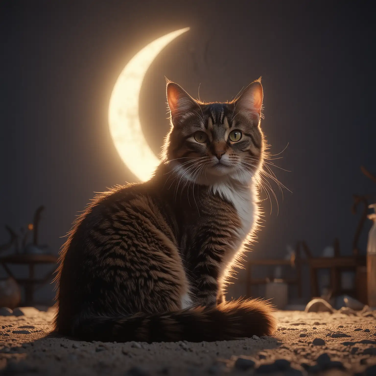 Realistic-Cat-Sitting-on-Crescent-Moon-with-Glowing-Light