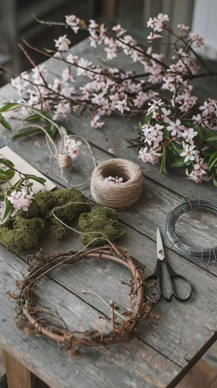 Overhead shot, flat lay style, of crafting materials for spring wreaths on a rustic wooden table. Include natural elements like blooming branches, moss, twine, scissors, and wire wreath forms. Soft, natural daylight, shallow depth of field, casual and inviting atmosphere. Midjourney, realistic, high detail.