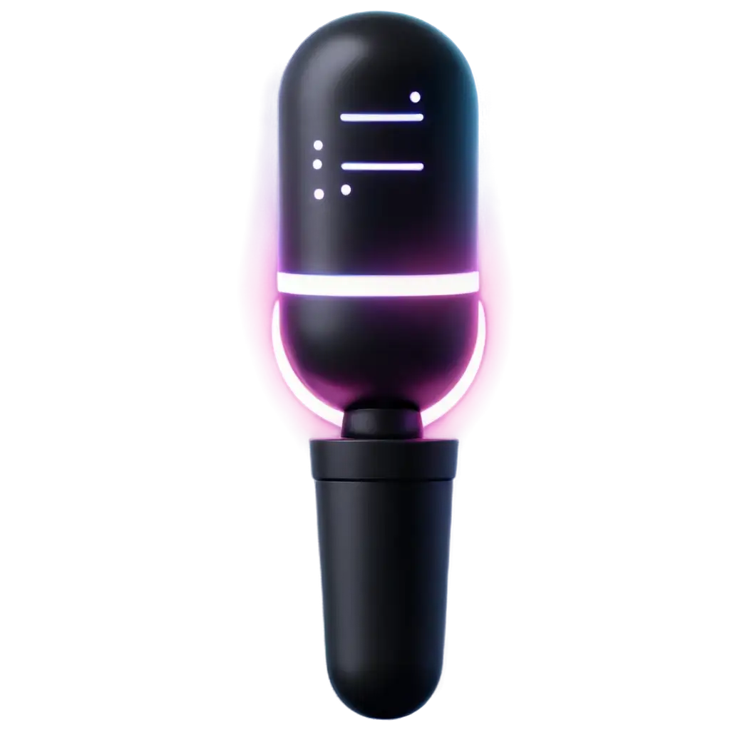 A futuristic 3D icon representing voice generation. The icon should feature a sleek, modern microphone at the center with glowing neon waveforms emanating from it, symbolizing AI-powered voice synthesis. The design should be minimalistic yet high-tech, incorporating a blend of metallic and glass textures. The color scheme should include neon blue, purple, and cyan to create a digital and futuristic aesthetic. The icon should have a slight glow effect, making it visually appealing and suitable for app or website branding. The background should be dark with subtle circuit-like patterns to enhance the AI-tech theme.