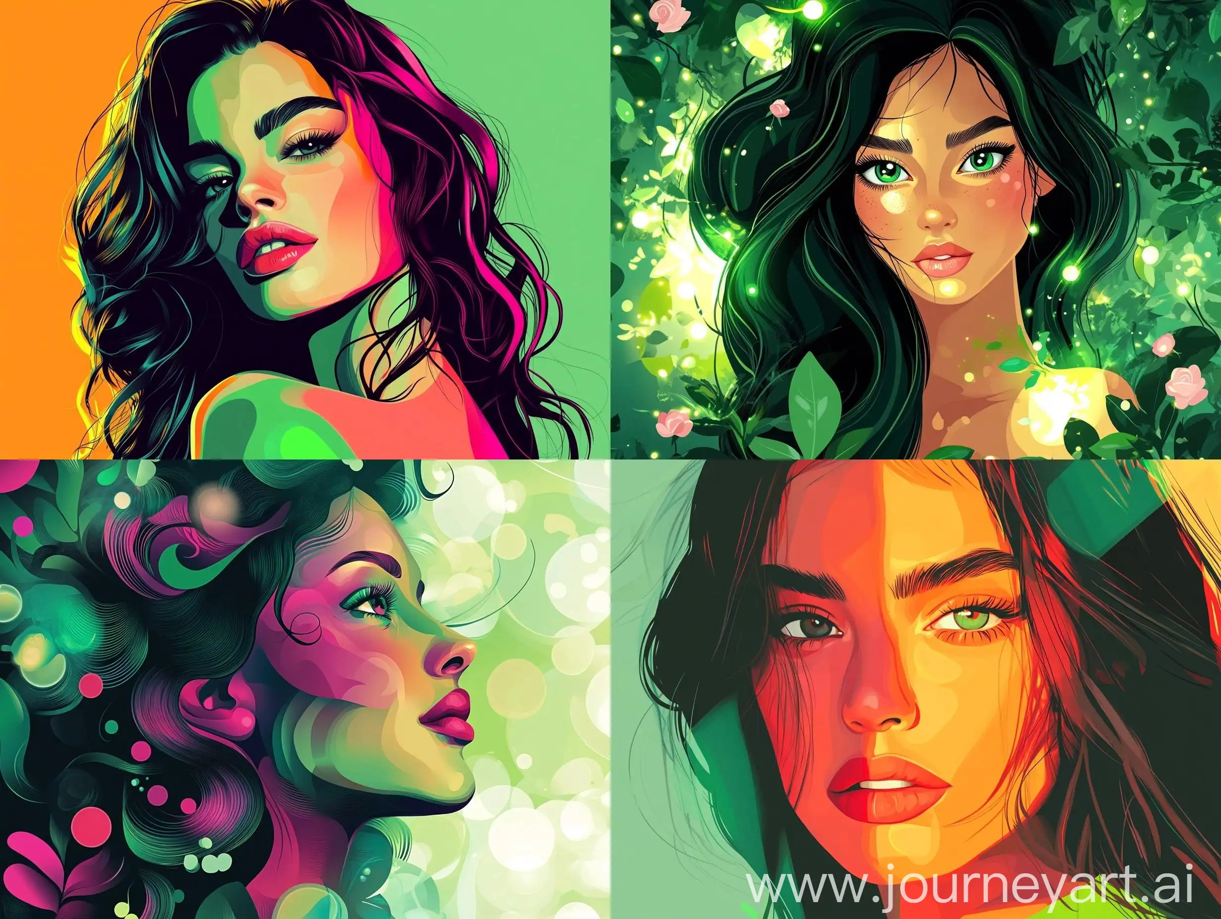 Elegant-Woman-Portrait-in-Green-and-Rose-Colors-Vector-Cartoon