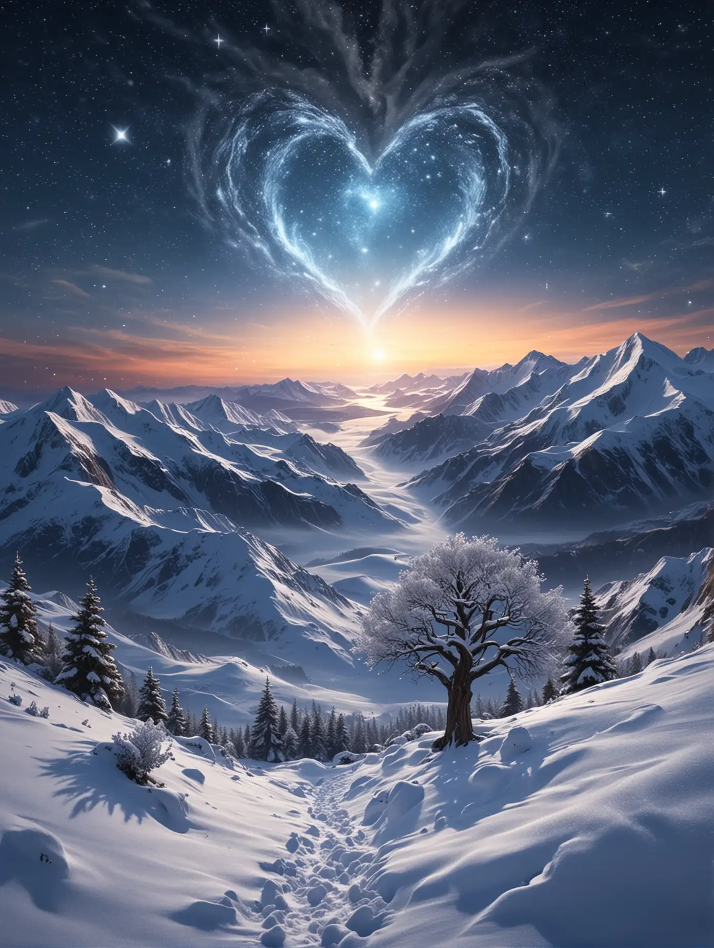 Snowy-Mountains-under-Starry-Sky-with-HeartShaped-Tree