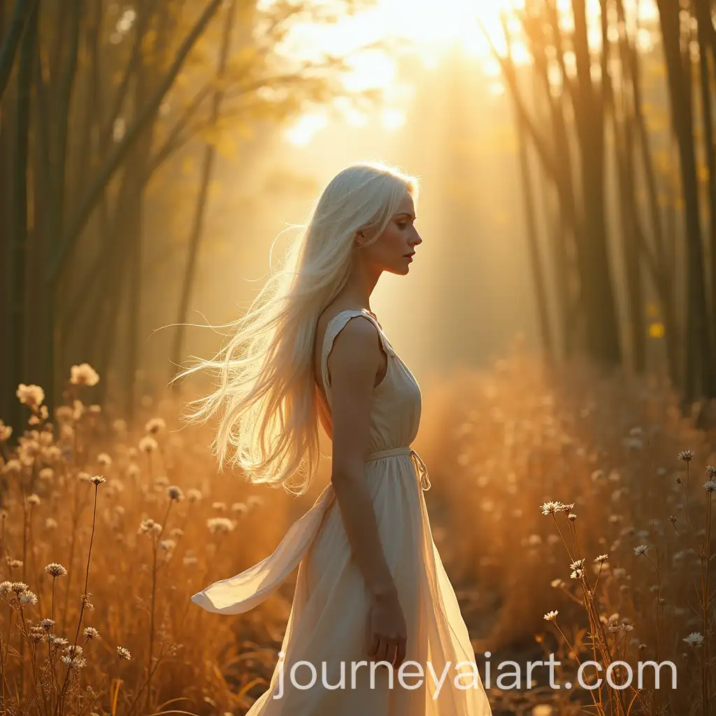 Woman-Walking-in-Bamboo-Field-with-Long-White-Hair-and-Sunrays