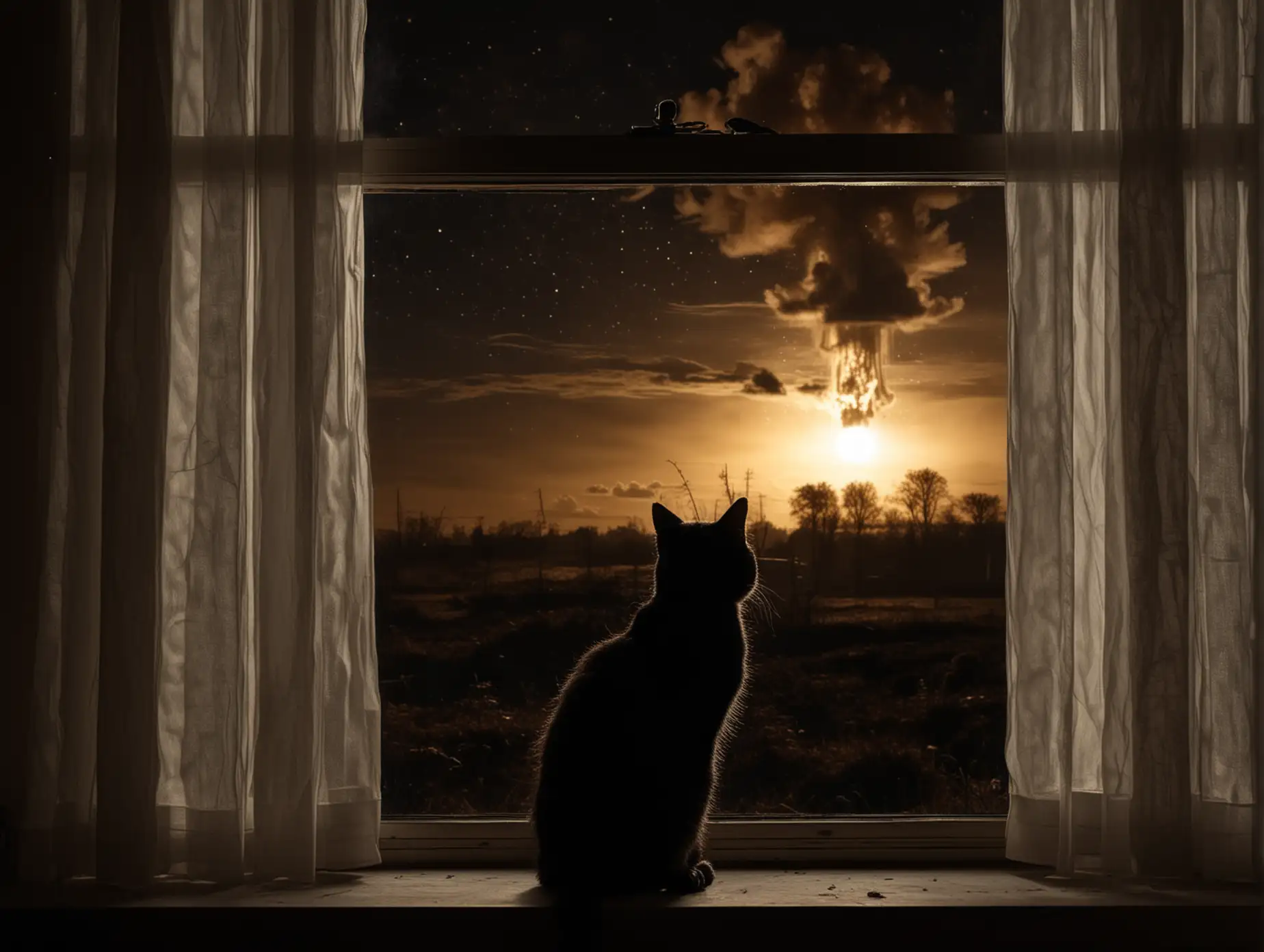 the black cat is looking out the window, silhouette of a cat, night, dark, photo, mushroom of a nuclear explosion