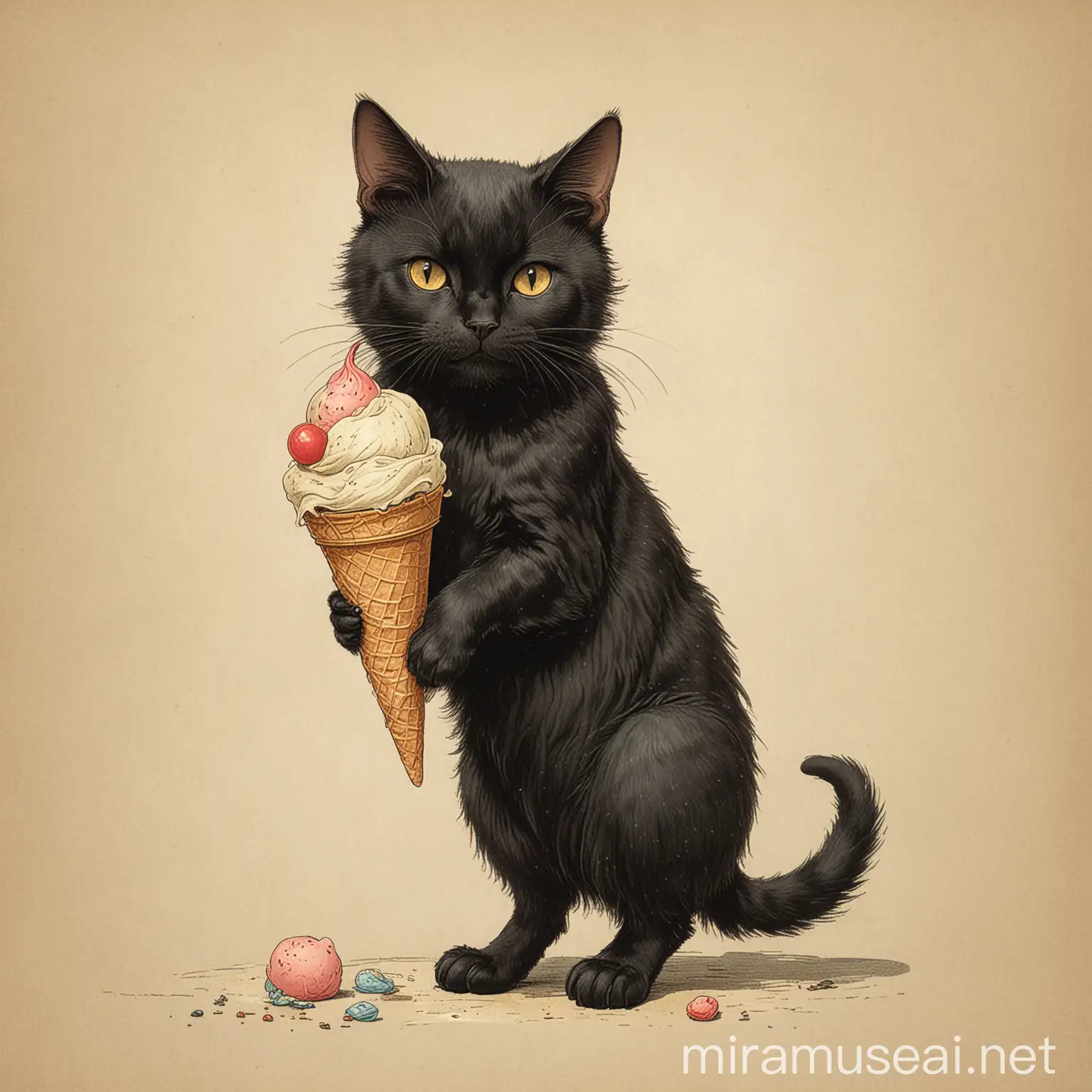 Illustration of a Cute Black Cat Enjoying an Ice Cream Cone by Randolph Caldecott