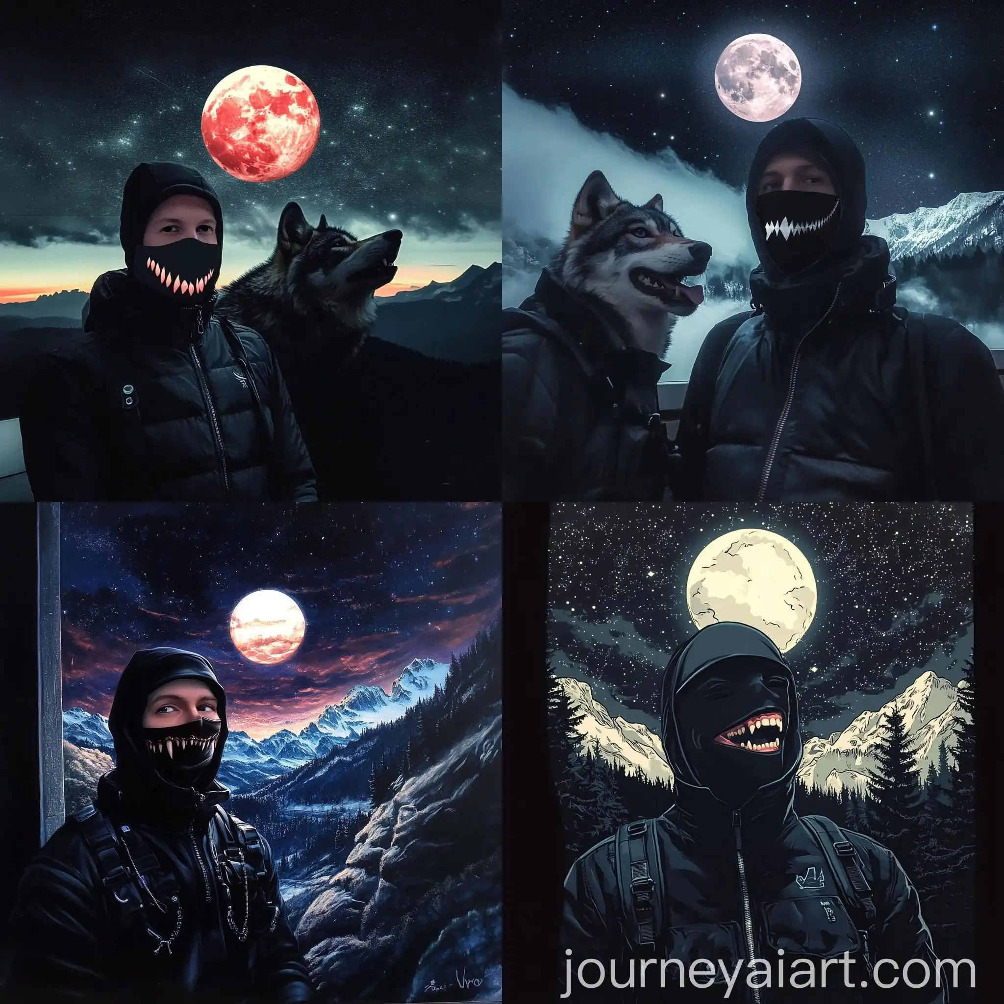 Man-and-Wolf-Silhouetted-Against-Night-Sky-with-Moon-and-Mountains