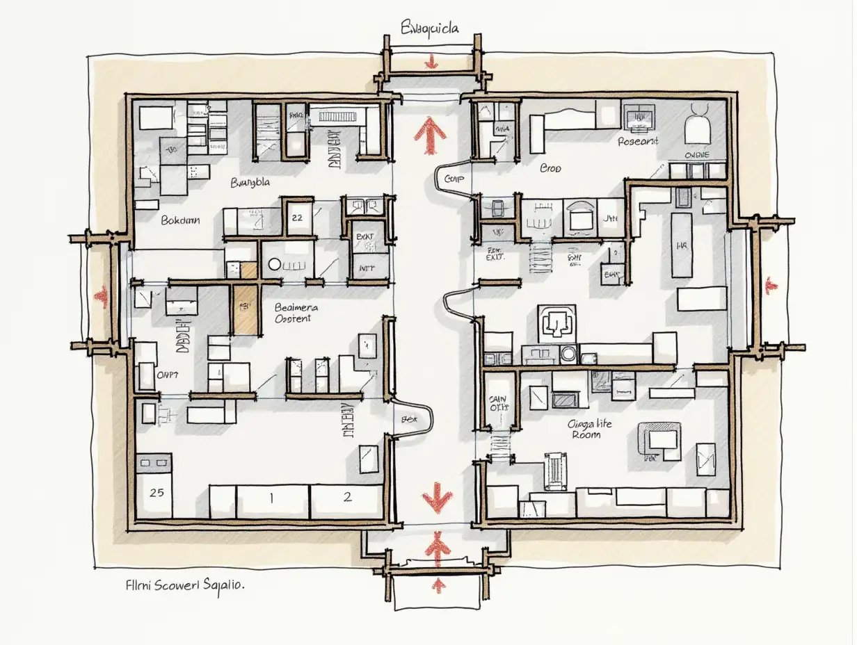 very detailed intricate evacuation plan from an office building complex, map, top view, scheme, exit directions arrows, signs and labels, rooms and ladders