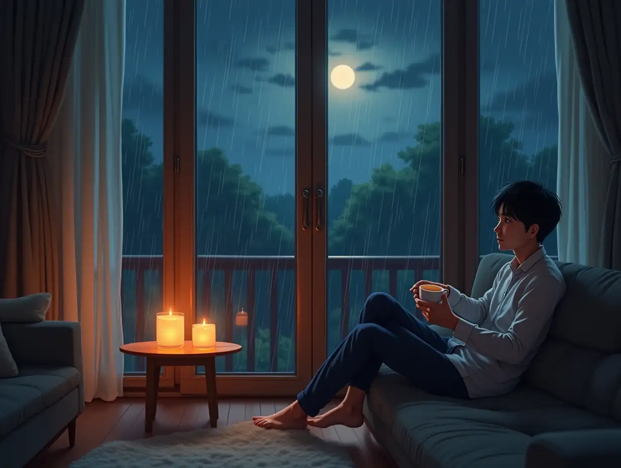 The sound of rain outside gently hits the French windows on the entire wall, and the quietness of being alone late at night. In a modern house with super high ceilings, the scented candles on the short table are slowly burning, and a 30-year-old white-skinned handsome Asian man is sitting on the milk tea-colored long-haired carpet in the living room. A cup of chamomile tea, the warm tea cup is held in the palm of the hand, and a mobile phone is nearby. Japanese anime style, warm and healing