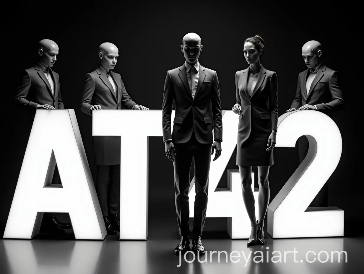 Humanoid-Robots-and-Humans-in-AvantGarde-Black-and-White-Composition-with-A-AT42-Letters