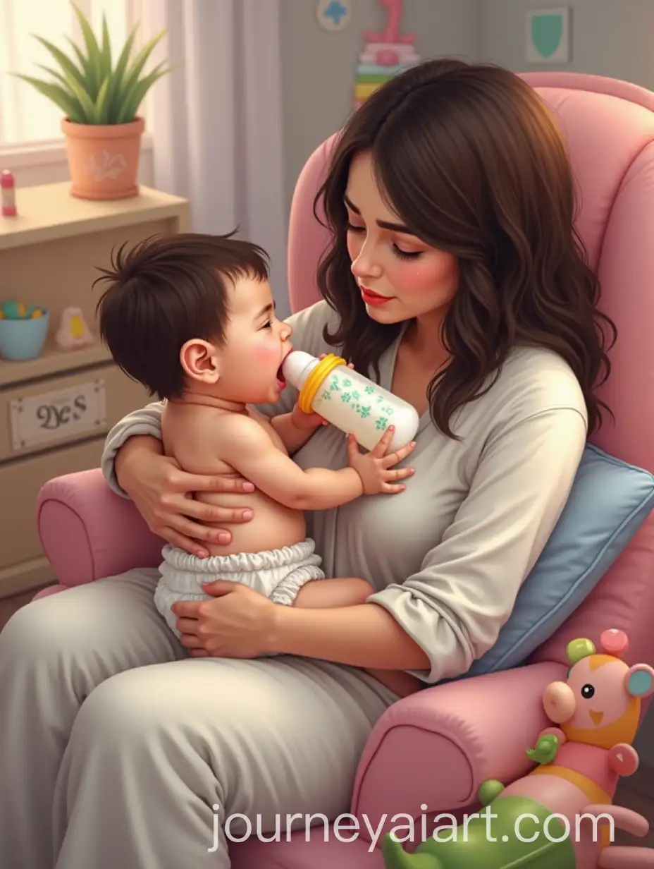 Baby-Boy-Cradled-by-Mother-in-Colorful-Nursery-Crying-While-Feeding-from-Bottle