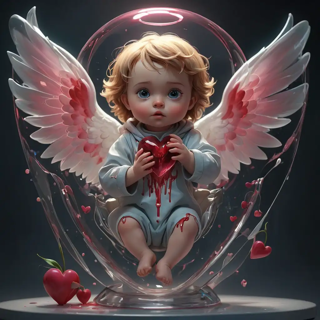 bleeding heart, spaceship, transparent glass, baby angel, dawn of hope