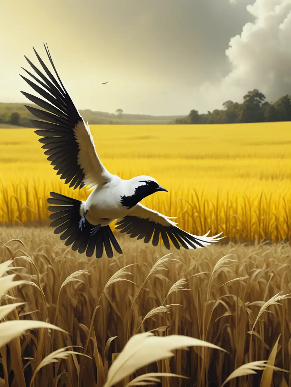 Fantasy Movie Still White Bird Flying from Yellow Field