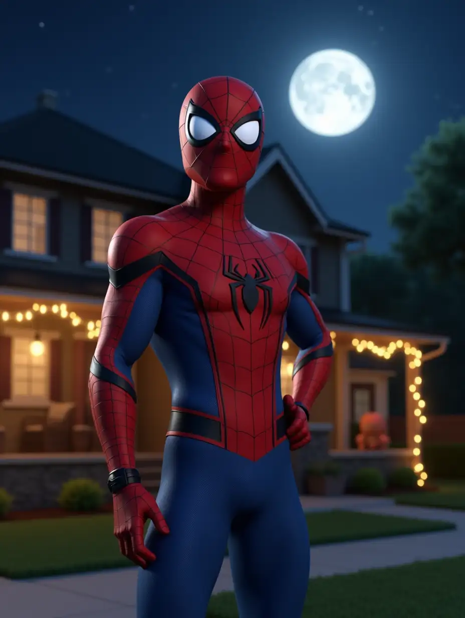 A cinematic 3D render of Spider-Man standing confidently in front of a modern suburban house at night, illuminated by a bright full moon. His red and blue suit features ultra-detailed textures, with visible webbing patterns and subtle fabric creases. The mask’s white eye lenses reflect the soft glow of nearby porch lights. His pose is dynamic, with one hand resting on his hip and the other pointing outward as if giving advice or making a witty remark. The background showcases a cozy, warmly lit house with a neatly trimmed lawn, fairy lights, and a deep blue night sky filled with stars. The realistic lighting and shadows add depth, emphasizing Spider-Man's heroic presence in a peaceful yet slightly mysterious setting. The atmosphere is vibrant and lifelike, making it look like a scene from a high-budget animated movie.