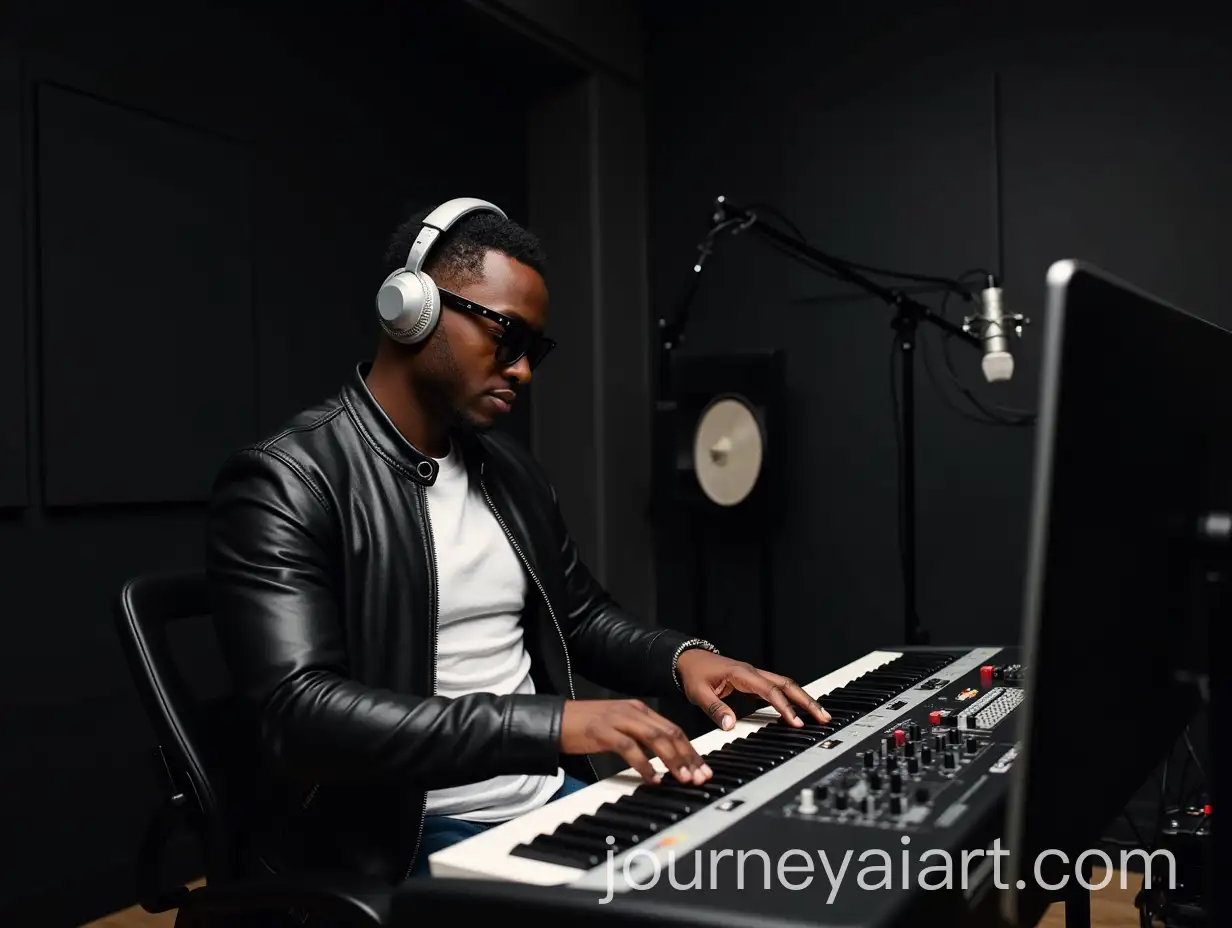 Young-Black-Man-Playing-Keyboard-in-Modern-Recording-Studio