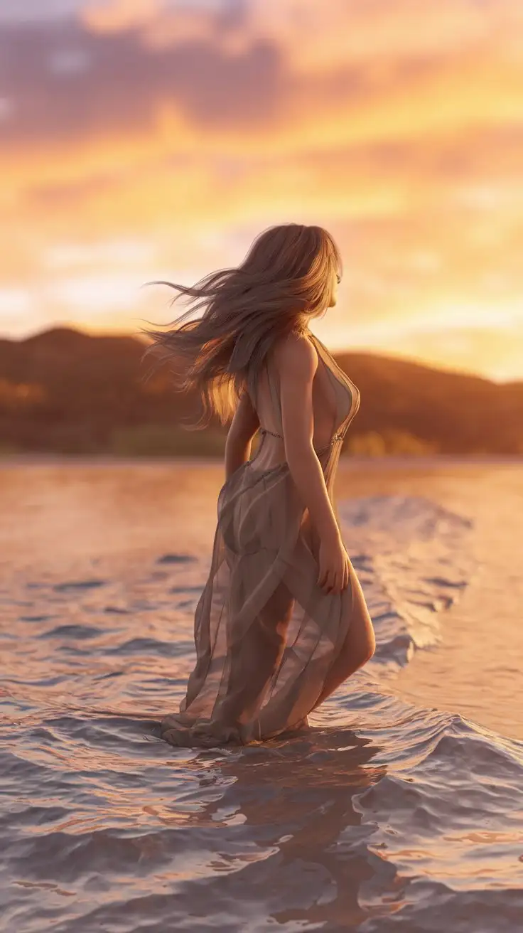 Sexy-Woman-in-Flowing-Dress-at-Golden-Hour-Beach-with-Gentle-Waves