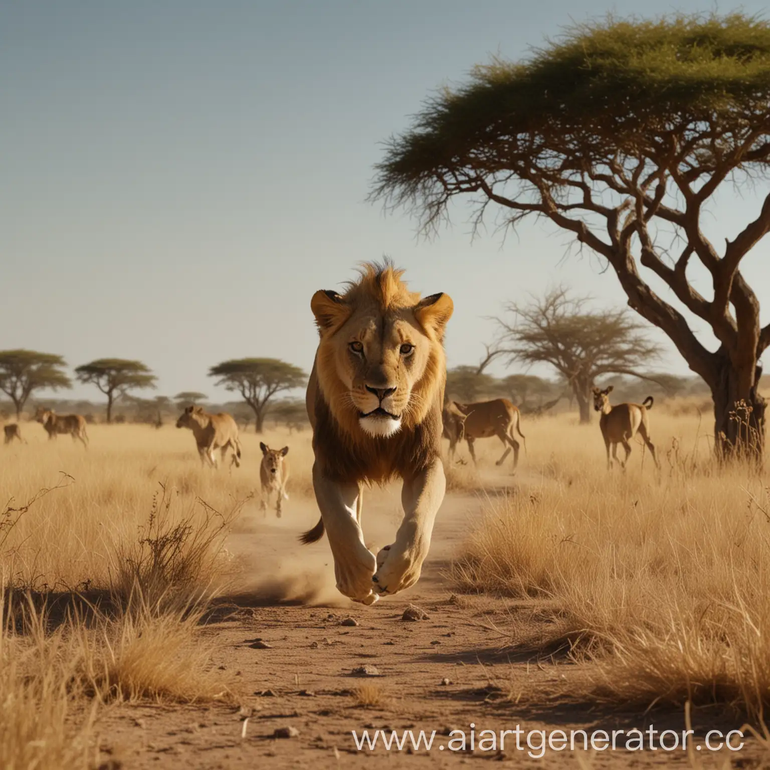 A wide-angle cinematic shot of a lion sprinting behind a deer across the vast African savanna. Golden grass sways in the wind as both animals dash across the dusty plain. The low-positioned camera captures their full bodies in motion, with acacia trees and a bright blue sky stretching far into the background. Realistic lighting, high-speed chase, intense and dramatic atmosphere.