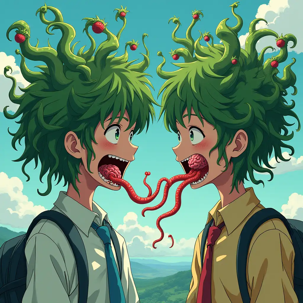 A surreal and unsettling anime scene of two school student whose heads have transformed into lush, green plants. Their hair has grown into tangled vines, sprouting multiple smaller versions of their own faces. Their tongues extend like long, twisting tentacles, one revealing a mouth full of candy, another ending in an exposed brain. An eerie but colorful, psychedelic horror atmosphere, blending Junji Ito-inspired body horror with retro anime aesthetics.