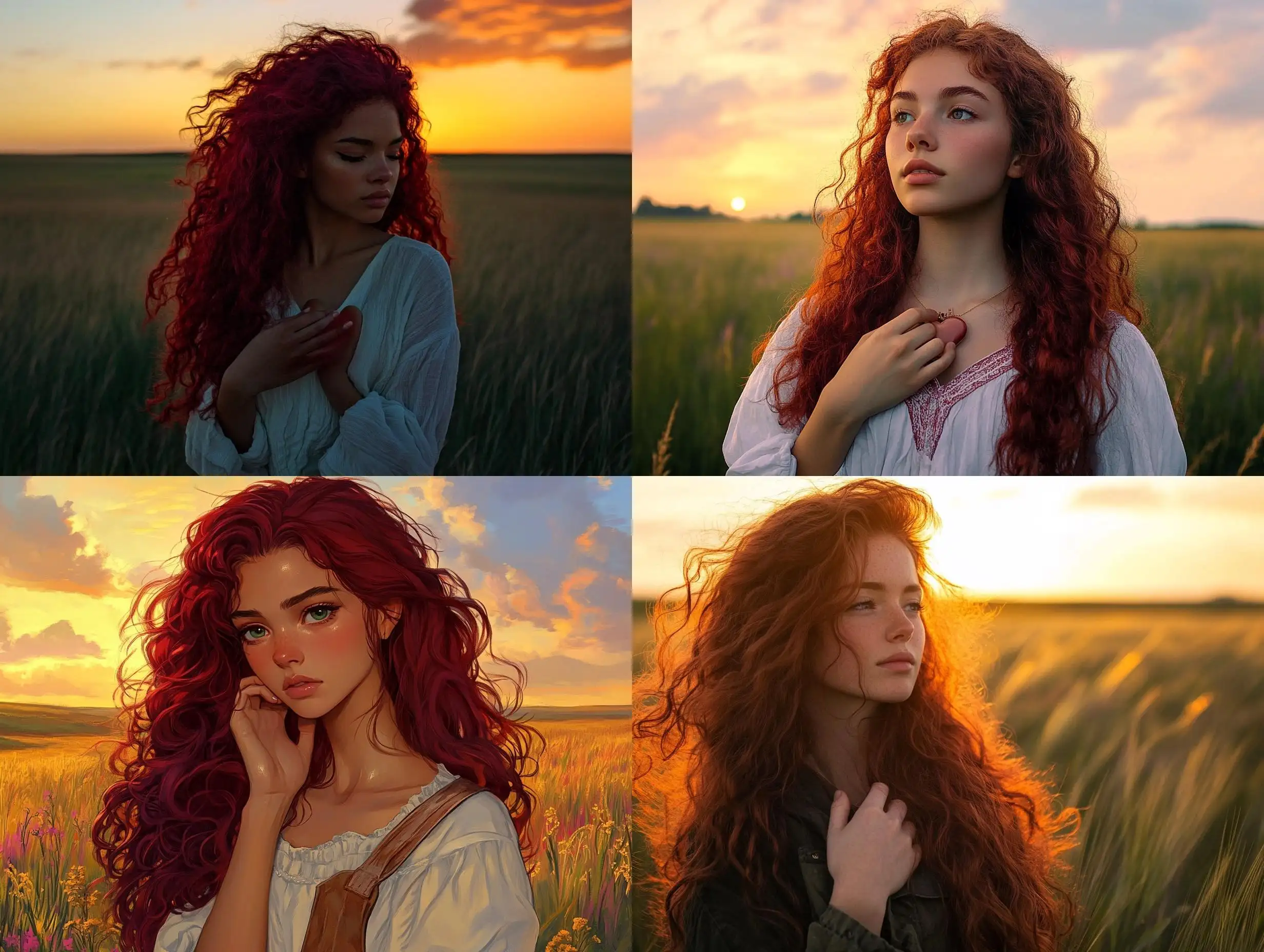 Curly-BurgundyHaired-Girl-Listening-to-Her-Heartbeat-in-Sunset-Fields