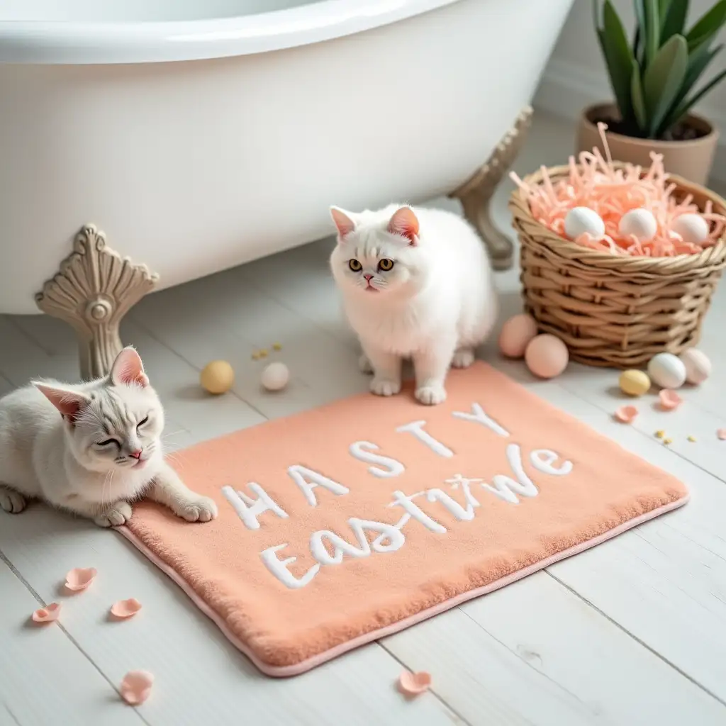 A rectangular light peach colored Easter themed bath mat is placed on a light colored wooden floor with some Easter eggs and exquisite pink petals. A soft plush rabbit toy on the floor in the corner. A cute white Persian cat stands on a bath mat, with one paw gently pressing on the mat. In the background, a part of a white bathtub can be seen, with exquisite Easter eggs and a wicker basket piled up next to it. The wicker basket is filled with Easter shredded paper strips and slows down the Easter eggs, creating a unique Easter atmosphere in the bathroom.