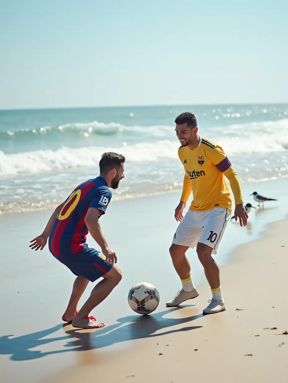 Ronaldo sets the football down and challenges Messi to a quick dribbling contest. Messi crouches slightly, ready to intercept, his competitive grin visible. Ronaldo starts to maneuver the ball skillfully, while Messi tries to steal it. Their laughter echoes over the gentle crashing of waves as a few seagulls land nearby to watch.