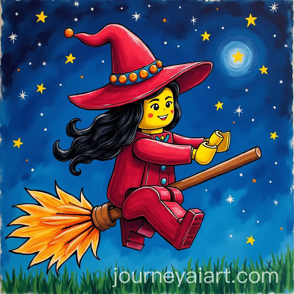 Kid-Crayon-Drawing-LEGO-Witch-Flying-on-Broom-at-Night