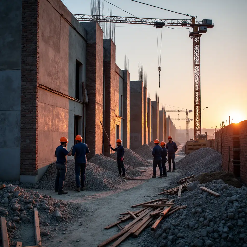 The construction site is bustling with activity. The main focus is on the nearly completed wall of the new warehouse «SKLAD ASTAHOVA». Construction workers in bright orange helmets work harmoniously and energetically. One of them carefully applies the last layer of concrete, another checks the level of brickwork, and a third adjusts the crane to lift another batch of construction materials. The work is boiling, every team member knows their task and performs it quickly and accurately. The walls of the warehouse are almost ready, just a few key sections left to finish. An experienced foreman watches over the process and gives instructions as needed. The sun begins to set, illuminating the unfinished parts of the building with reddish rays. Tools, materials, and equipment are scattered around, but despite the visible chaos, there is order and organizedness. Construction is in full swing, and soon the new warehouse will be ready to receive its first shipments.