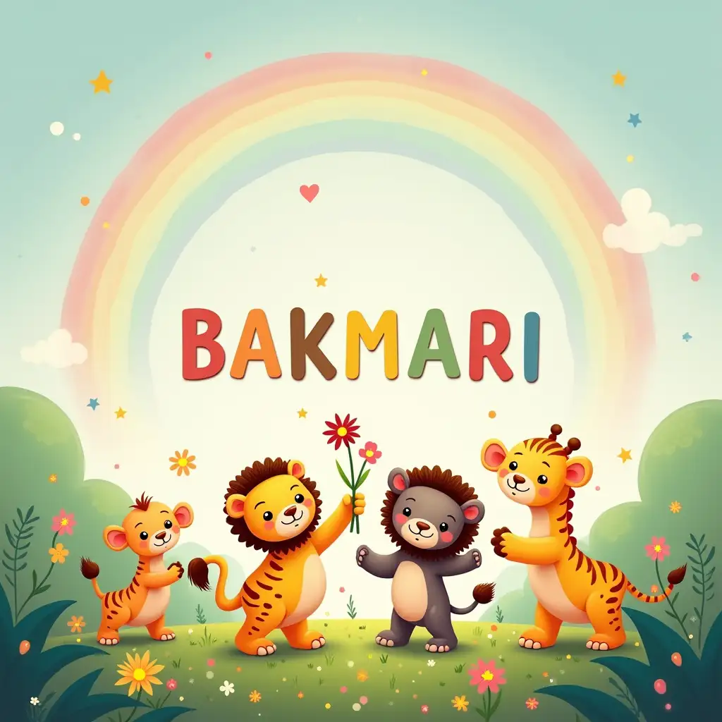 Baby cute jungle animals are dancing holding flowers under the beautiful sky and with rainbow written the word BAKMARI