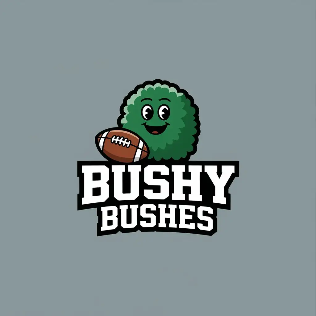 LOGO Design for Bushy Bushes Smiling Bush with Gridiron Ball on Grey Background