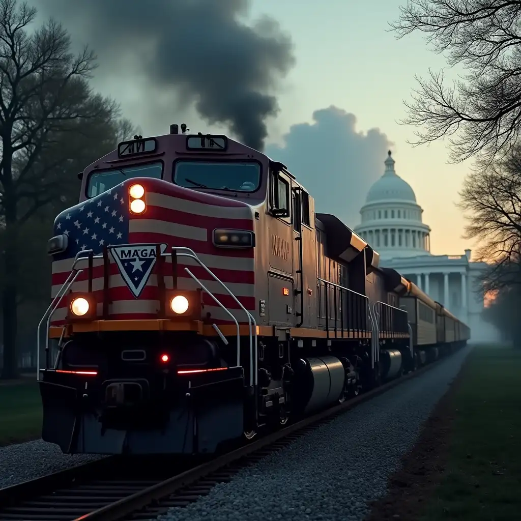 dramatic cinematic photo of Donald trump driving a  trump train with usa flag colors to the White House. with the white house and washington dc in the background. the number 47 on the train and the words 'Donald Trump' and 'MAGA'