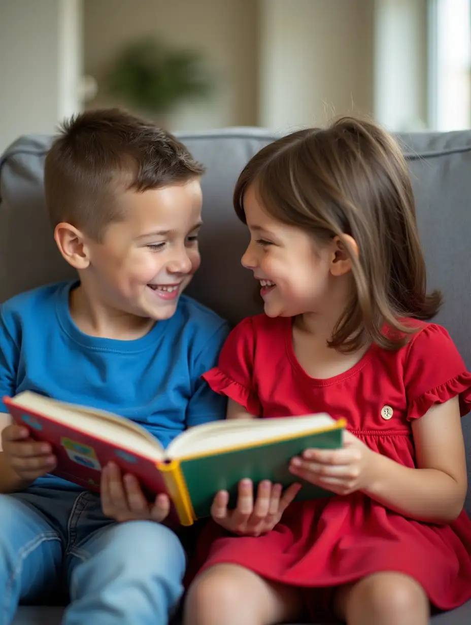 A boy in blue shirt and girl in a red dress with short sleeves reading together, smiling at each other on the couch, a colorful children's book in their hands, a close-up shot with soft natural light, a candid moment of joy between friends, in the style of portrait photography, high resolution.