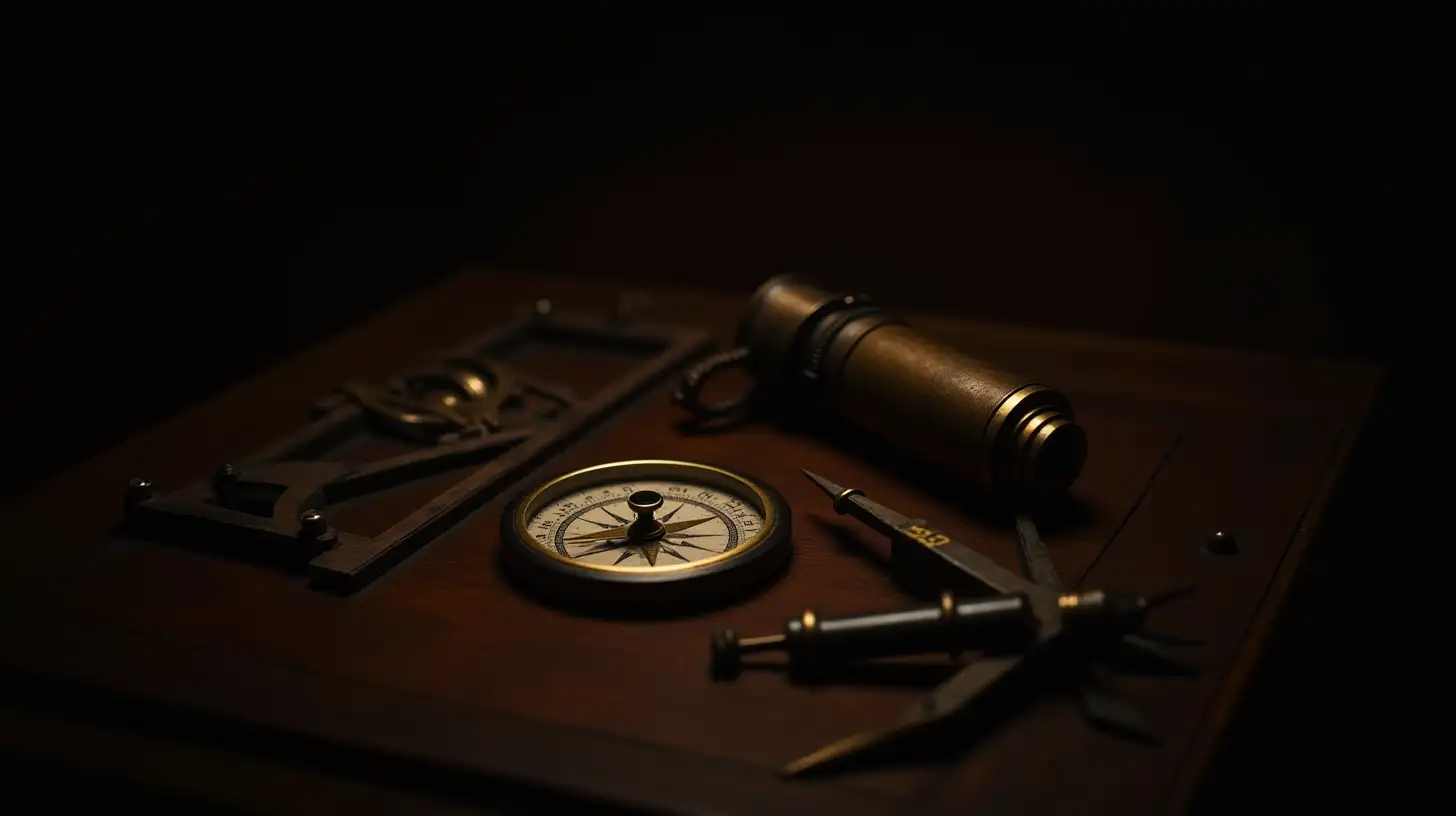 the old compass, spyglass, and sextant lay on a brown table in a dark room, shades of dark brown and gold