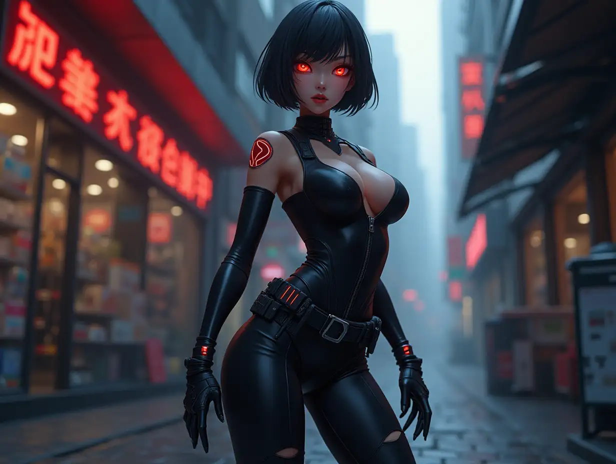 Short hair, mature Asian woman thief cyber runner in a dynamic full-length pose, eyes with red electronic pupils, large breast, extreme skintight body glove zipped down with cleavage, combat boots and combat belt. Full view of her body from boots up, low wide angle. Future store filled city alley street. Anime