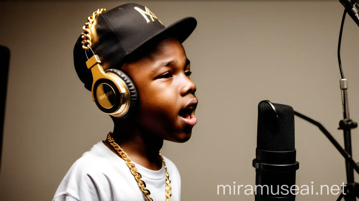 Boy in Music Studio with Hip Hop Cap and Gold Chain Singing into Condenser Mic