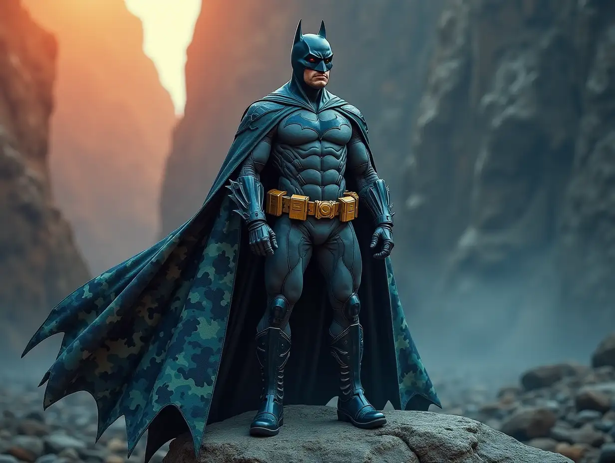 Batman Camouflage cloak, bright shades stands on a rock 4K resolution