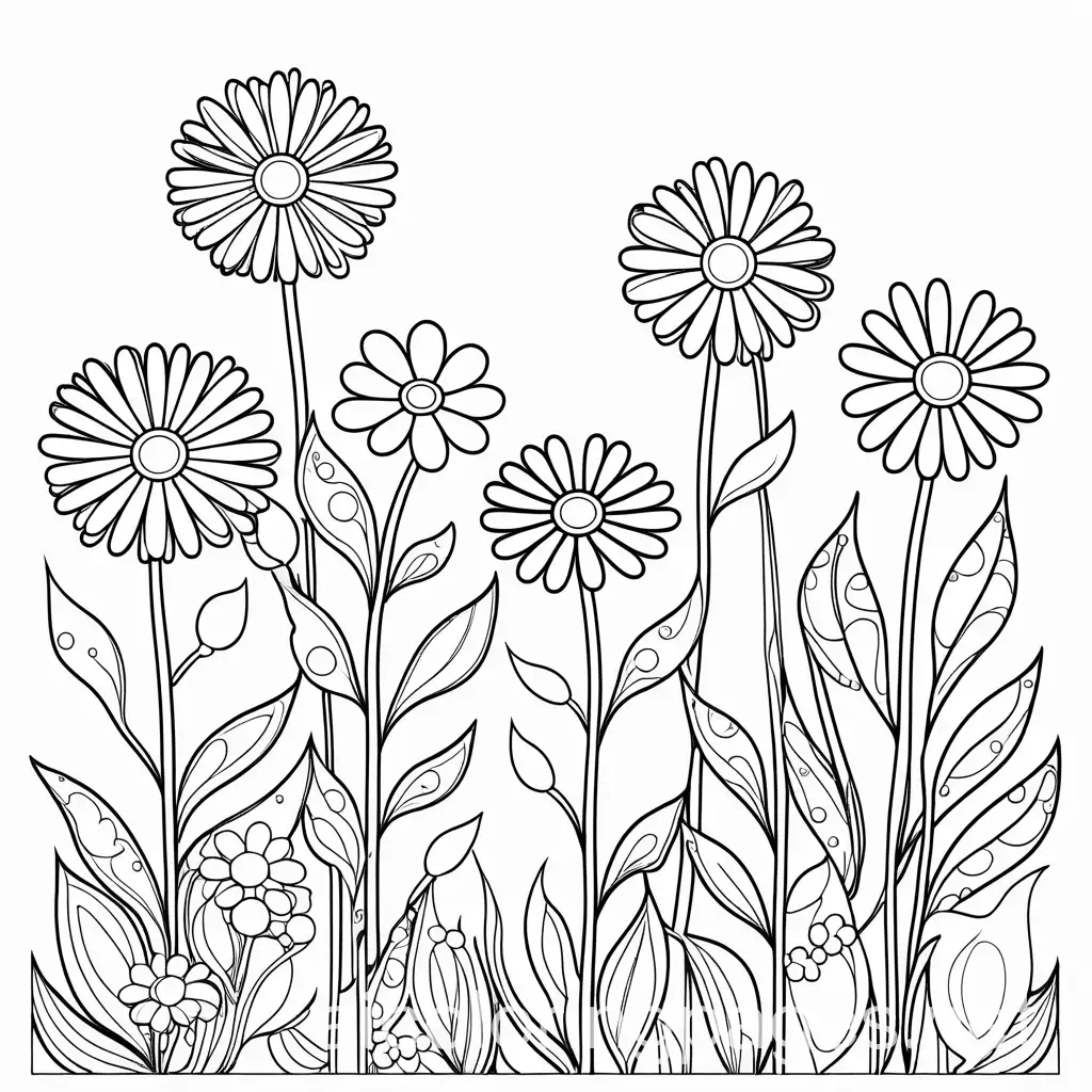 Flowers, Coloring Page, black and white, line art, white background, Simplicity, Ample White Space. The background of the coloring page is plain white to make it easy for young children to color within the lines. The outlines of all the subjects are easy to distinguish, making it simple for kids to color without too much difficulty