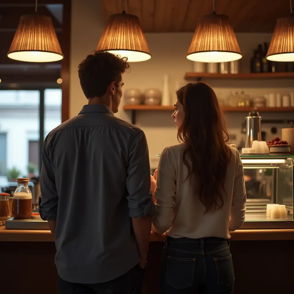 In Spain in a cafe. a couple staying in front of the counter and thinking about what to order