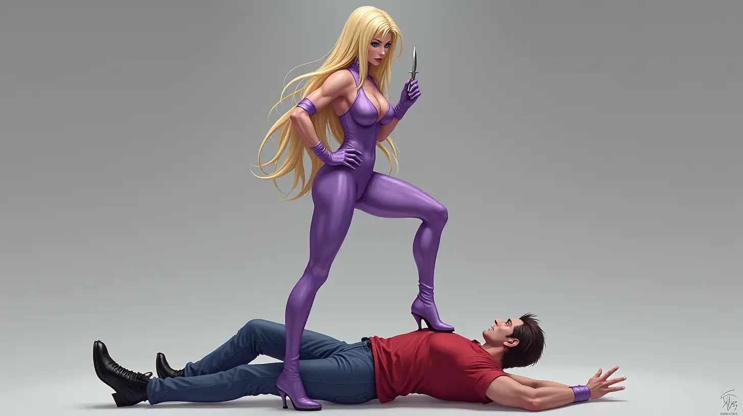 A villainess character depicting a victorious female fighter character standing over a defeated opponent. She has long blonde hair that flows down her back, and she’s dressed in a tight-fitting, metallic lavender that covers her body from shoulders to feet, accentuating her athletic build. Her outfit includes a matching top and pants, with short gloves and high heels, adding an elegant yet dangerous touch to her appearance. Her left arm is bent at her side, while her right hand holds a small dagger pointed downward, indicating that she’s skilled in both hand-to-hand and armed combat. She has blue eyes color, and her face expression is very sadistic. She is standing confidently with one foot planted on the chest of a man lying on the ground, reinforcing her dominant stance. He wears a red shirt, blue jeans, and black shoes, and appears to be knocked out or incapacitated. His facial expression is not visible as he lies on his back. The scene conveys a sense of victory or dominance in combat.