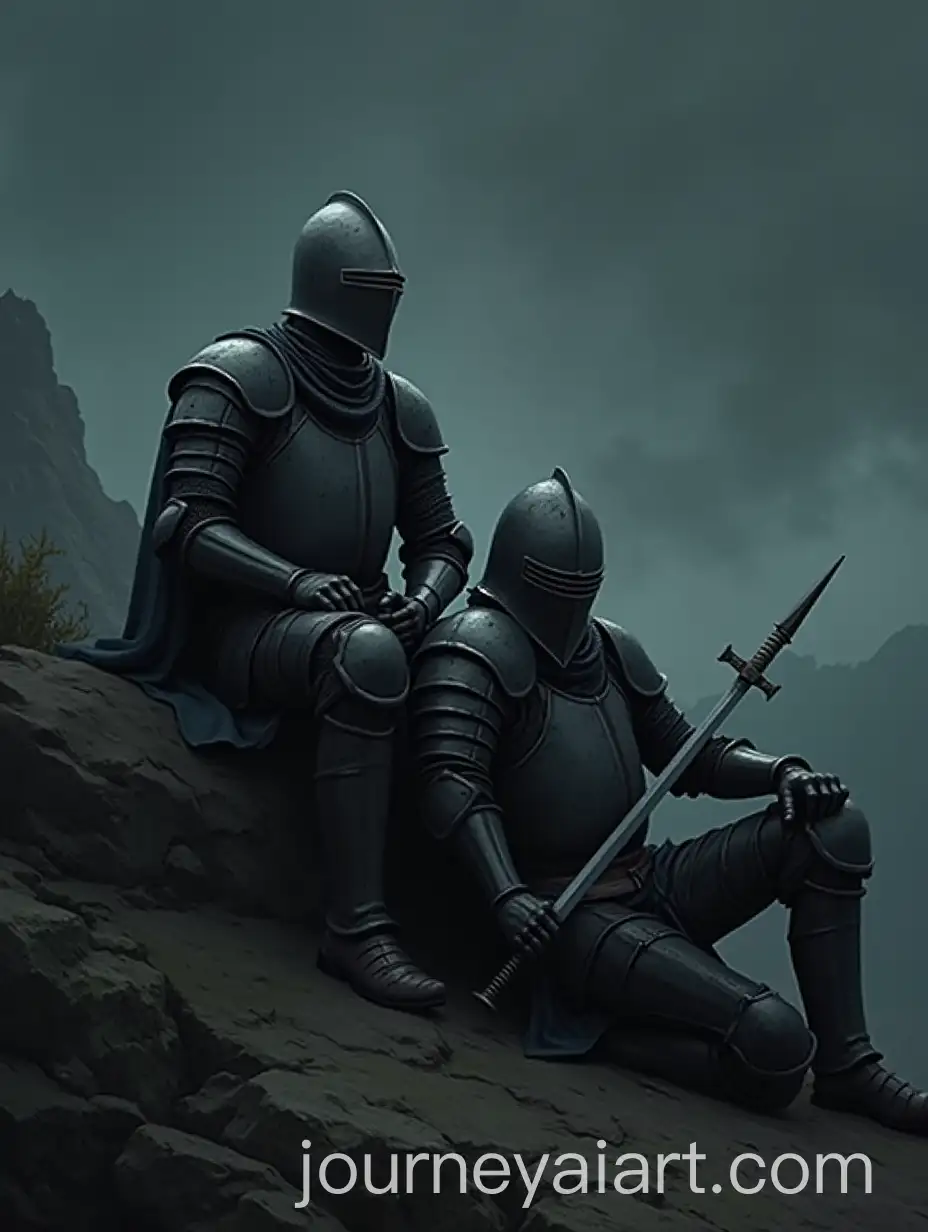 Knights-Resting-in-a-Dark-Foreboding-Landscape-with-Battered-Armor