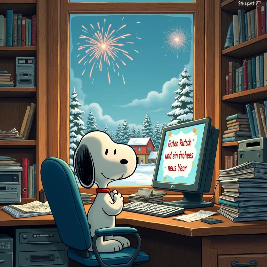 Snoopy sits in his office with a window, snowy landscape and houses plus fireworks, before a desk with computer. On the screen of the computer stands the phrase 'Guten Rutsch und ein frohes neues Jahr'. In his cluttered office with shelves full of folders and old office machines.