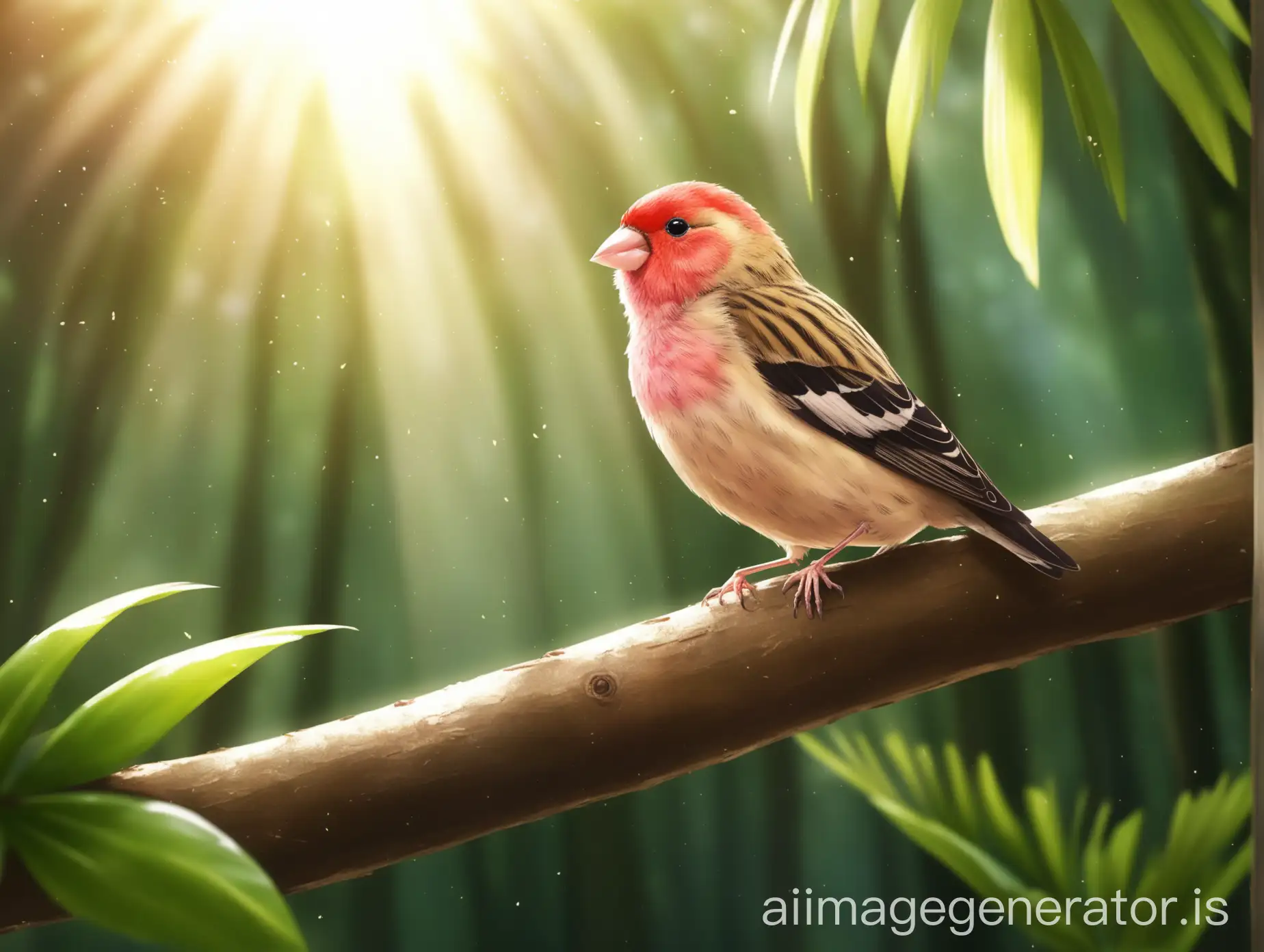 cute finch on a tree with sunlight in tropical forest