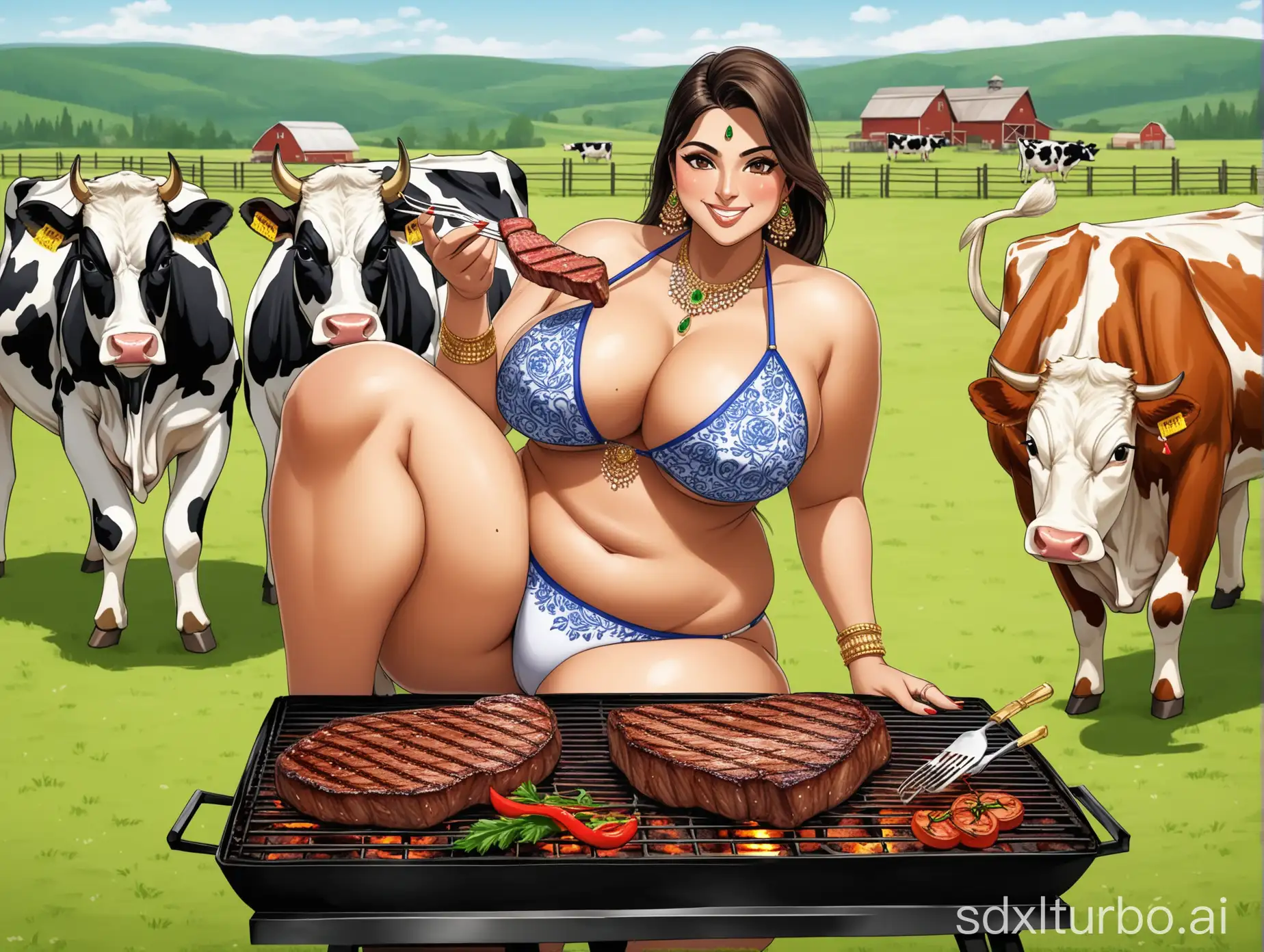 Indian-Woman-Enjoying-Steak-BBQ-in-Farm-Setting