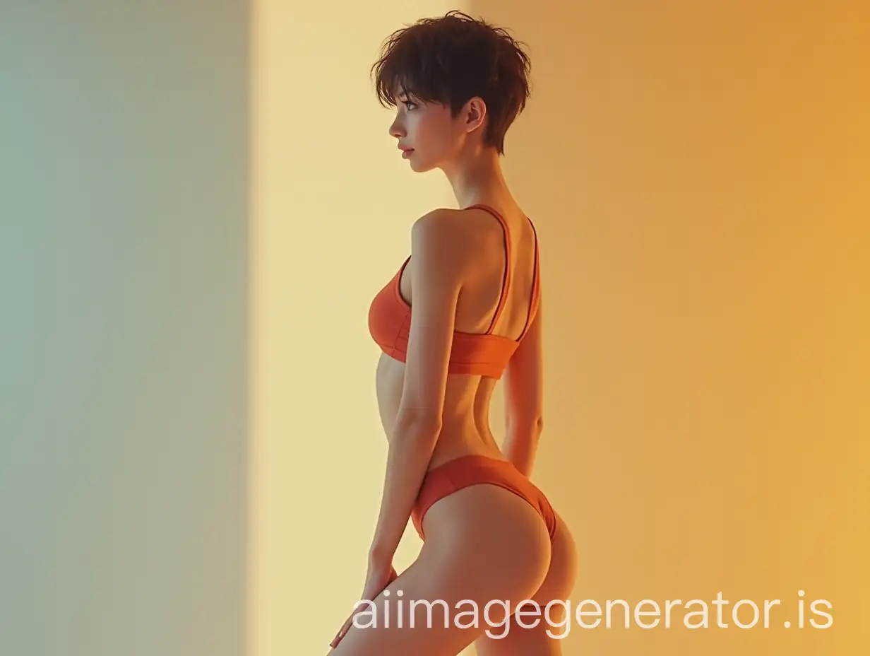 Craete a photorealistic picture of a woman, young, slim, skinny, with short hair, long legs with bright background