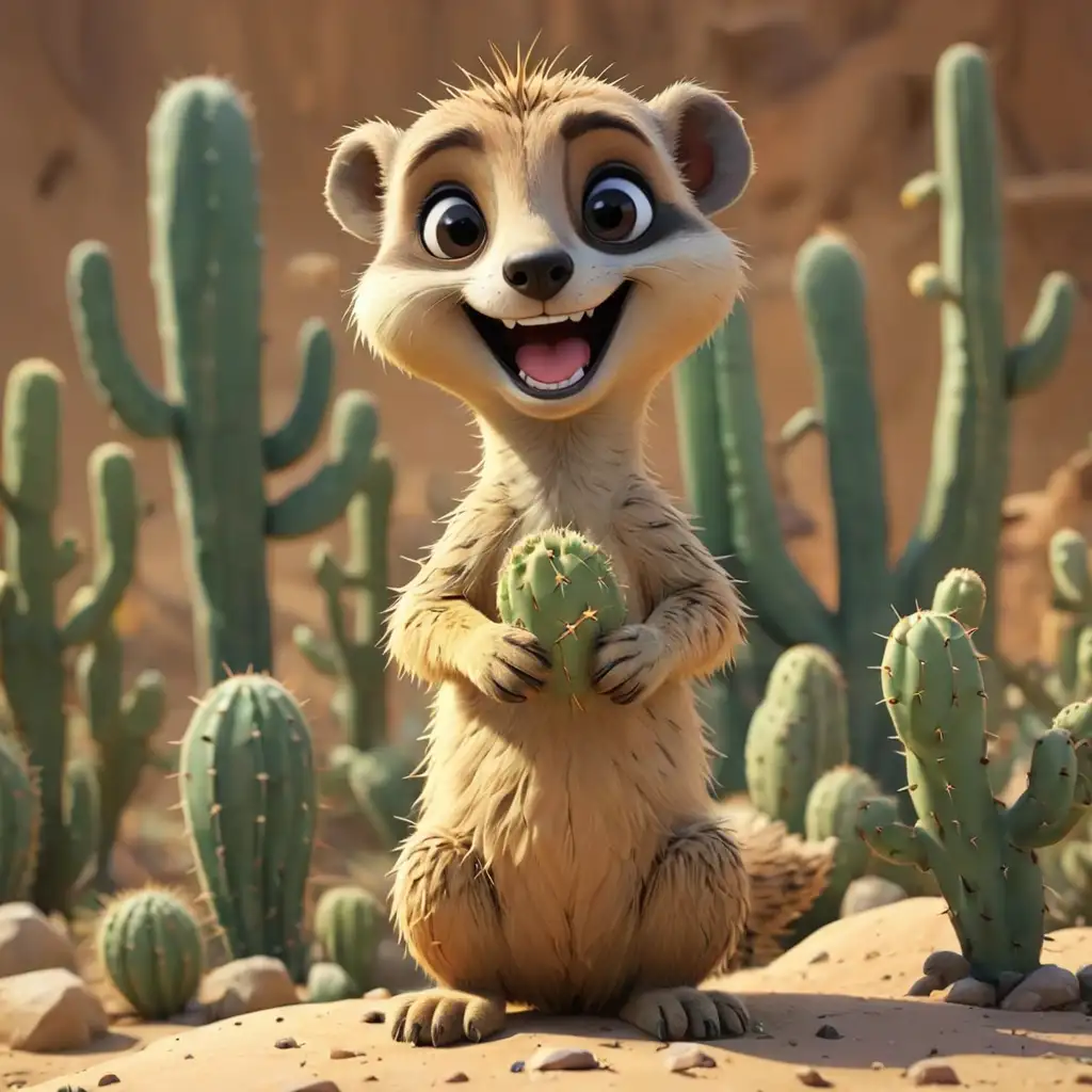 Cartoon Cactus and Meerkat Happy and Cute Smiling Characters