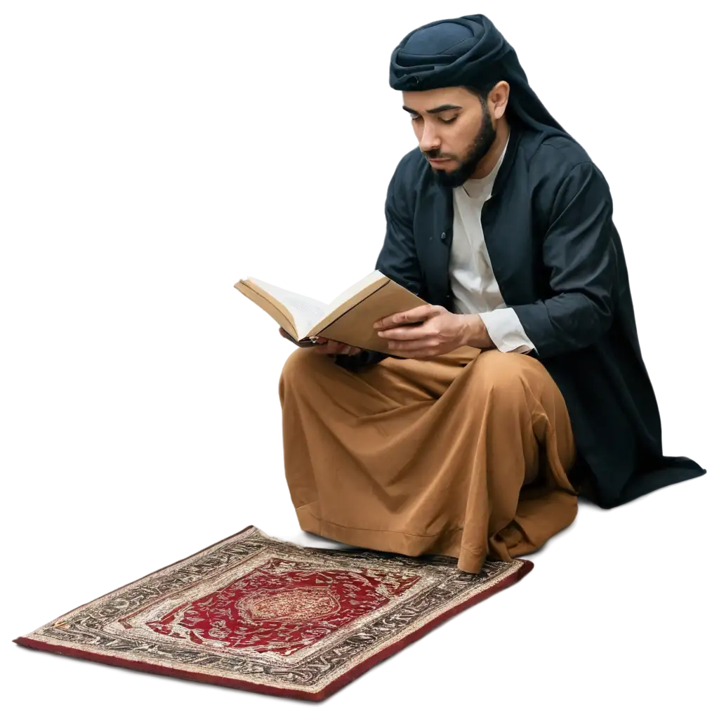 Reading Quran by a muslim on a carpet in a room where afternoon light is coming from outside